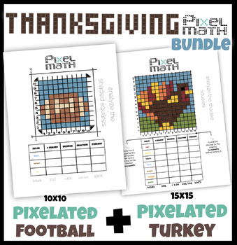 Preview of Pixel art math Thanksgiving worksheet bundle for decimals, fractions, percent