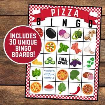 Preview of Pizza Bingo | 30 Cards | Pizza Party Bingo | Pizza Night Bingo | Pizza Game