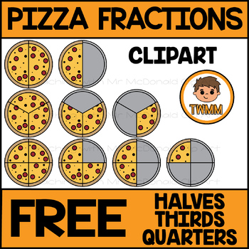 Preview of Pizza Fractions Clipart FREE l Halves, Thirds & Quarters l TWMM