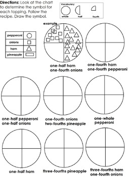 Preview of Pizza Fractions / Equal Shares Practice / whole, halves, fourths