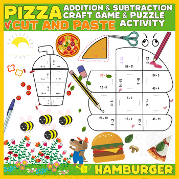 Preview of Pizza ,Hamburger Addition & Subtraction Math Center Craft Game & Puzzle Activity