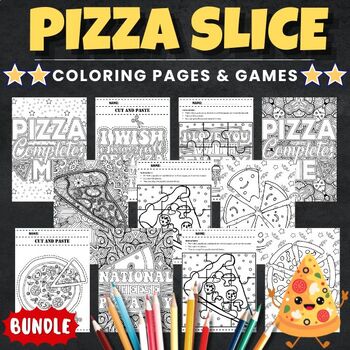 Preview of Pizza Slice Coloring Pages & Games - Fun National Pizza Day Activities BUNDLE