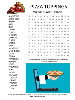 Preview of Pizza Toppings Word Search Puzzle Activity Sheet Game + Easel Activity