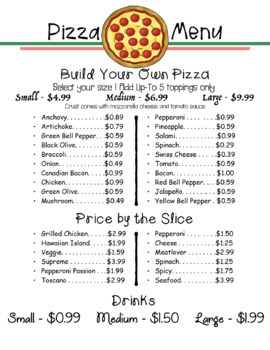 Pizzeria Cafe Menu by iTeach2 | Teachers Pay Teachers