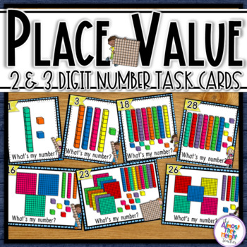 Preview of Place Value 2 & 3 digit Task Cards with base ten blocks - numbers to 100 & 1000