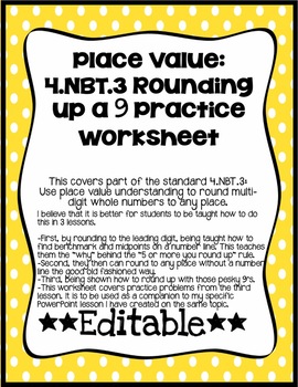 Preview of Place Value 4.NBT.3 Rounding Pt. 3: Rounding up with 9's Worksheet