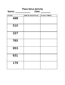 Place Value Activity-Base Ten Blocks/Writing Numbers in Words by Diane ...