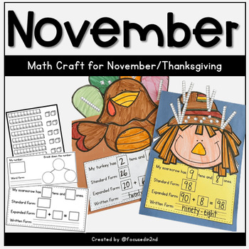Preview of Place Value Activity Math Turkey Scarecrow November 1st grade, 2nd grade