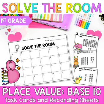 Preview of Place Value Base 10 Math Task Cards 1st Grade Math Centers Solve the Room