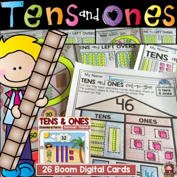 Preview of Place Value Base Ten Tens and Ones Worksheets Print and Digital Boom Deck