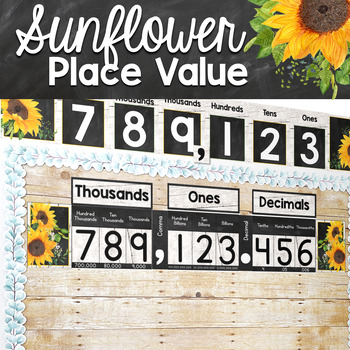 Preview of Place Value Chart Posters Display Decimals Sunflower Classroom Decor Math Poster