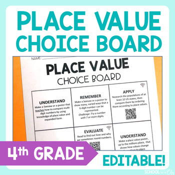 Preview of Place Value 4th Grade Math Choice Board - Editable Extension Activities