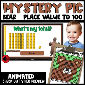 Preview of Place Value Coloring Worksheets Mystery Pictures up to 100 Math Pages BEAR Image