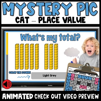 Preview of Place Value Coloring Worksheets Mystery Pictures up to 100 Math Pages Cat Image