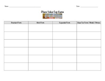 Preview of Place Value Cup Game Lesson Plans, Worksheet and Assessment * Math