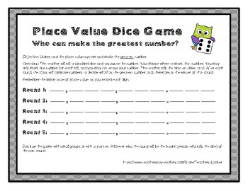 Preview of 5th Grade Place Value Dice Game NO PREP