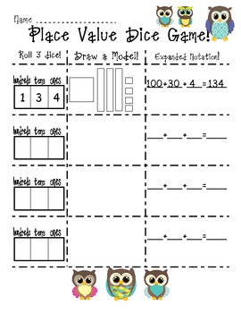 Place Value Dice Game Recording Sheet by Jennifer Saylor | TpT