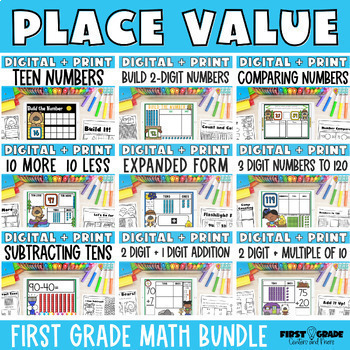 Preview of First Grade Place Value Digital Activities Worksheets and Centers