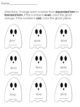 Preview of Place Value Expanded Form Worksheets - Includes Even/Odd Practice - Halloween