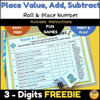 Preview of Place Value Free Worksheets & Games for HUNDREDS, TENS and ONES & Add & Subtract