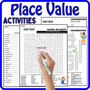Preview of Place Value Fun Worksheets,Vocabulary,Wordsearch & Crosswords