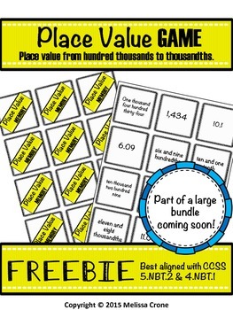 Preview of Place Value Game FREEBIE with decimals MEMORY or GO FISH