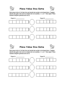 place value dice game worksheets teachers pay teachers