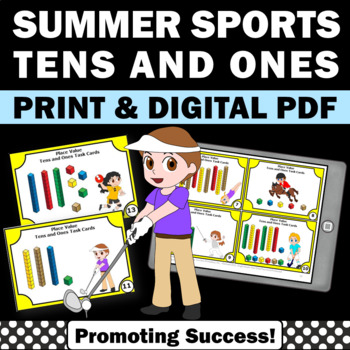 Preview of Place Value Games Tens and Ones Task Cards 1st Grade Math Summer Sports Theme