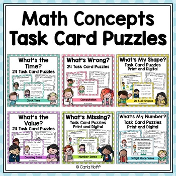 Preview of Place Value, Geometric Shapes, Money, Number Sense, Time Task Cards - Bundle!