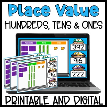 Preview of Place Value Hundreds Tens Ones Task Cards - Base 10 Blocks Activities