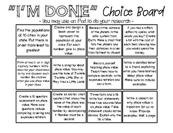 Preview of Place Value - "I'm Done!" Choice Board