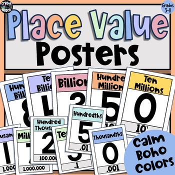 Preview of Place Value Interactive Posters and Charts - Calm Boho Colors and B&W