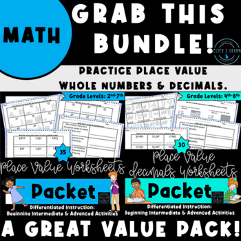 Preview of Place Value Math Bundle | Worksheets | Decimal & Whole Numbers | +EASEL Versions