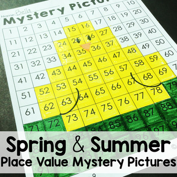 Preview of Spring and Summer Math Place Value Color By Number 100's Chart Mystery Pictures