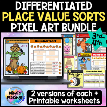 Preview of Place Value Number Sort Pixel Art Activity Bundle - Comparing Numbers