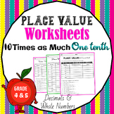 Place Value Patterns Worksheets: Ten Times as Much, 1/10 o