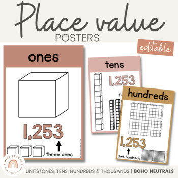 Preview of Place Value Posters | BOHO NEUTRAL Palette | Editable Neutral Classroom Decor