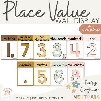Preview of Place Value Posters Bulletin Board Display | Daisy Gingham Neutral Math Decor