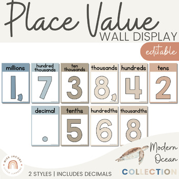 Preview of Place Value Posters Bulletin Board Display | Modern Ocean Neutral Math Decor