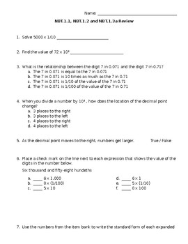 Preview of Place Value, Powers of 10, and Decimals Math Review