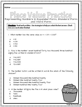 Preview of Place Value Practice WS Standard, Word and Expanded Form