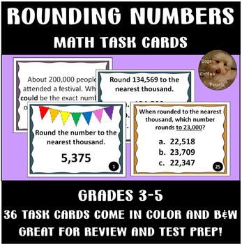 Preview of Rounding Numbers Printable Task Cards | Summer Math Practice 3rd, 4th, 5th 
