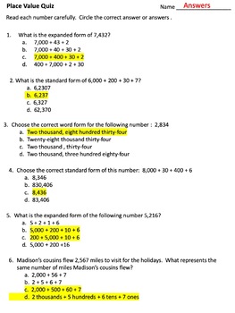 Place Value Quiz With Bubble Sheet Included By Hoping 2 Help Tpt