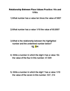 Preview of Place Value Relationships Practice: 10x and 1/10x
