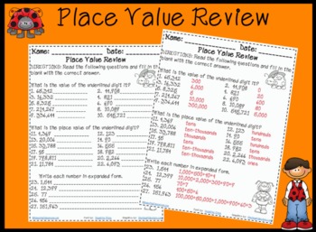 Preview of Place Value Review Activity Worksheet