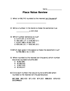 Preview of Place Value Review - Whole Numbers and Decimals - EDITABLE!  FREE!