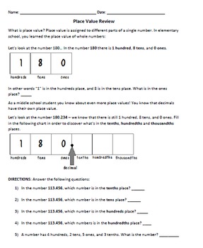 Preview of Place Value Review for Middle School Students
