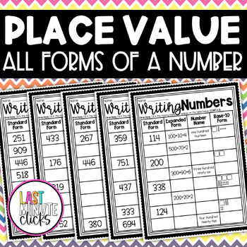 Preview of Place Value: Standard Form, Expanded Form, Word Form & Base-10 Form Worksheets