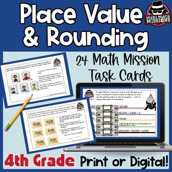Preview of Place Value Task Cards 4th Grade Math Activities, Rounding Games & CSI Mysteries