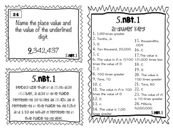 sheet 3 grade math Cards by Melissa 5.NBT.1 Robles 5th Place Task Value Grade